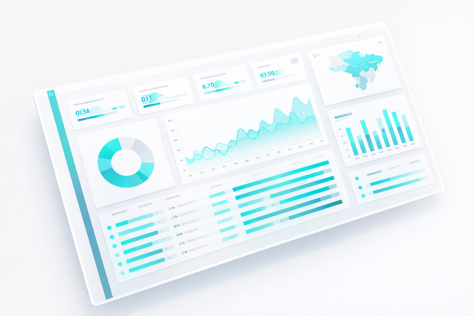 Imagem de dashboard moderno em tema claro com acentos em teal